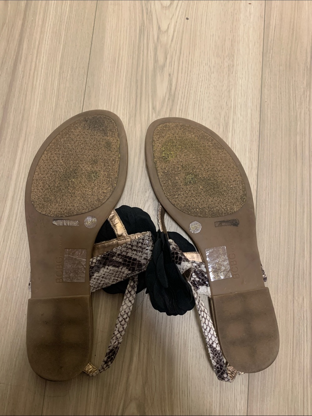 BCBGeneration Gold Sandals with Black Floral Accent - Picture 2 of 2